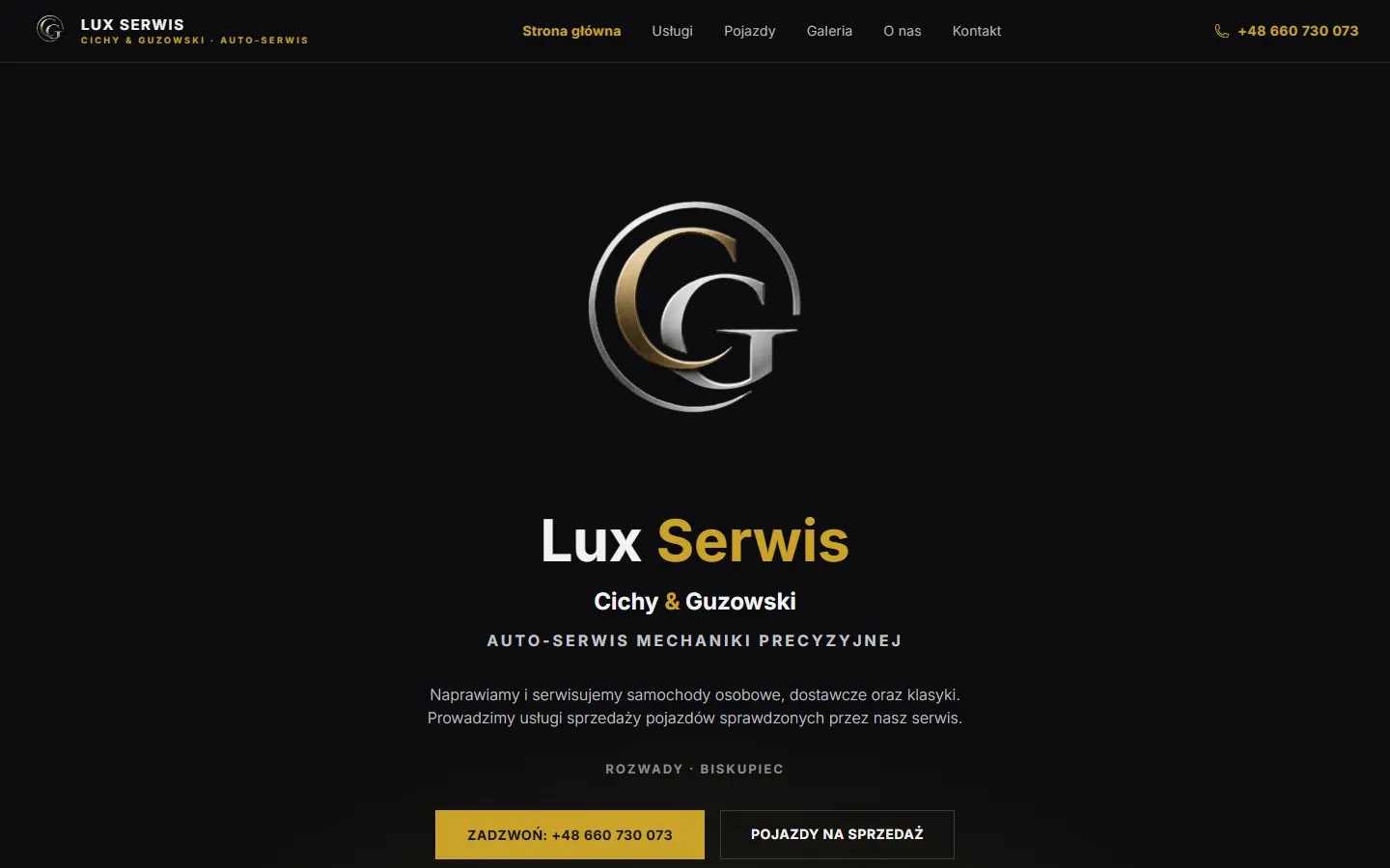 Strona Lux Serwis na komputerze: monogram CG, nazwa warsztatu i przyciski Zadzwoń oraz Pojazdy na sprzedaż