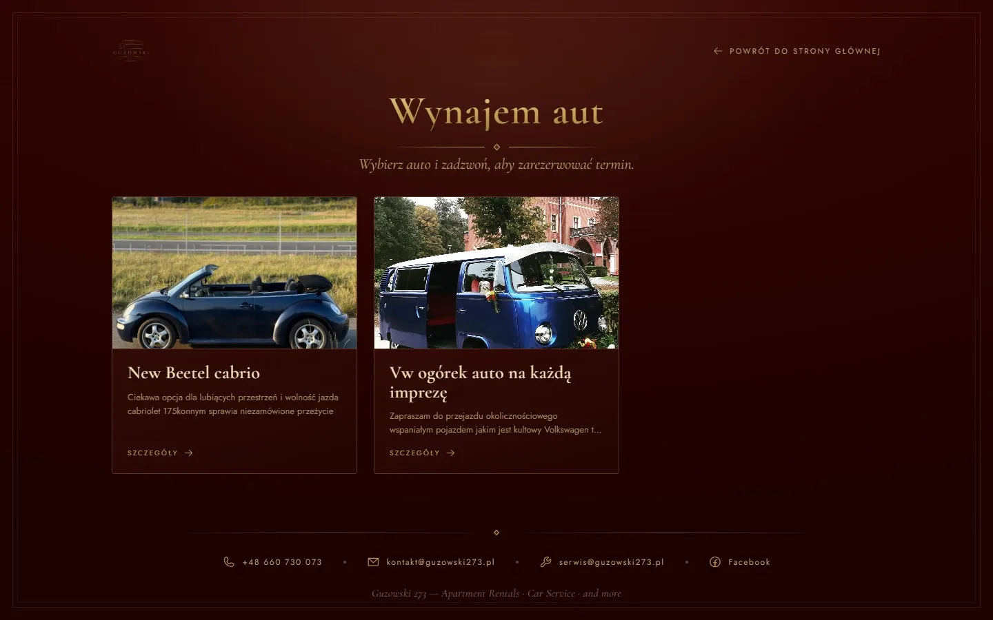 Podstrona Wynajem aut: karty aut z opisem i przyciskiem Szczegóły