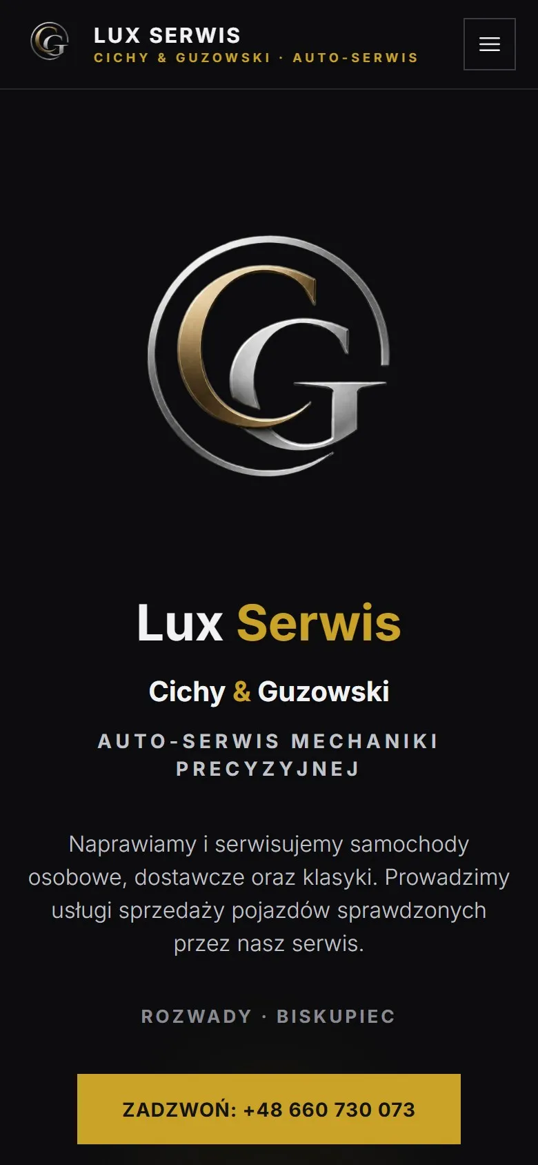 Strona Lux Serwis na telefonie, z przyciskiem Zadzwoń na pierwszym ekranie